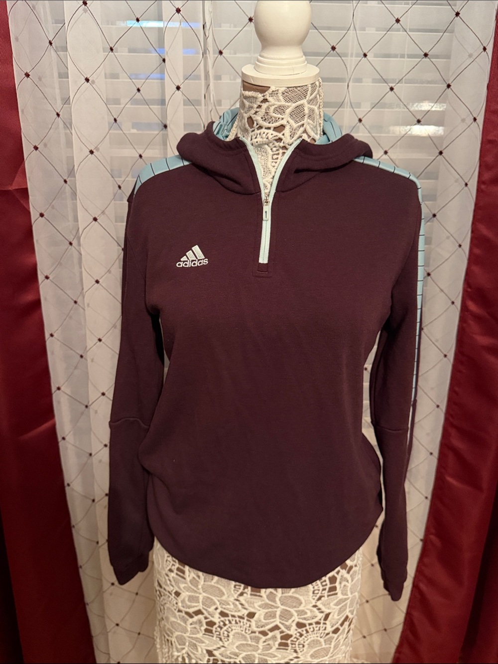 adidas Women's Maroon Hoodie with Light Blue Trim (148)